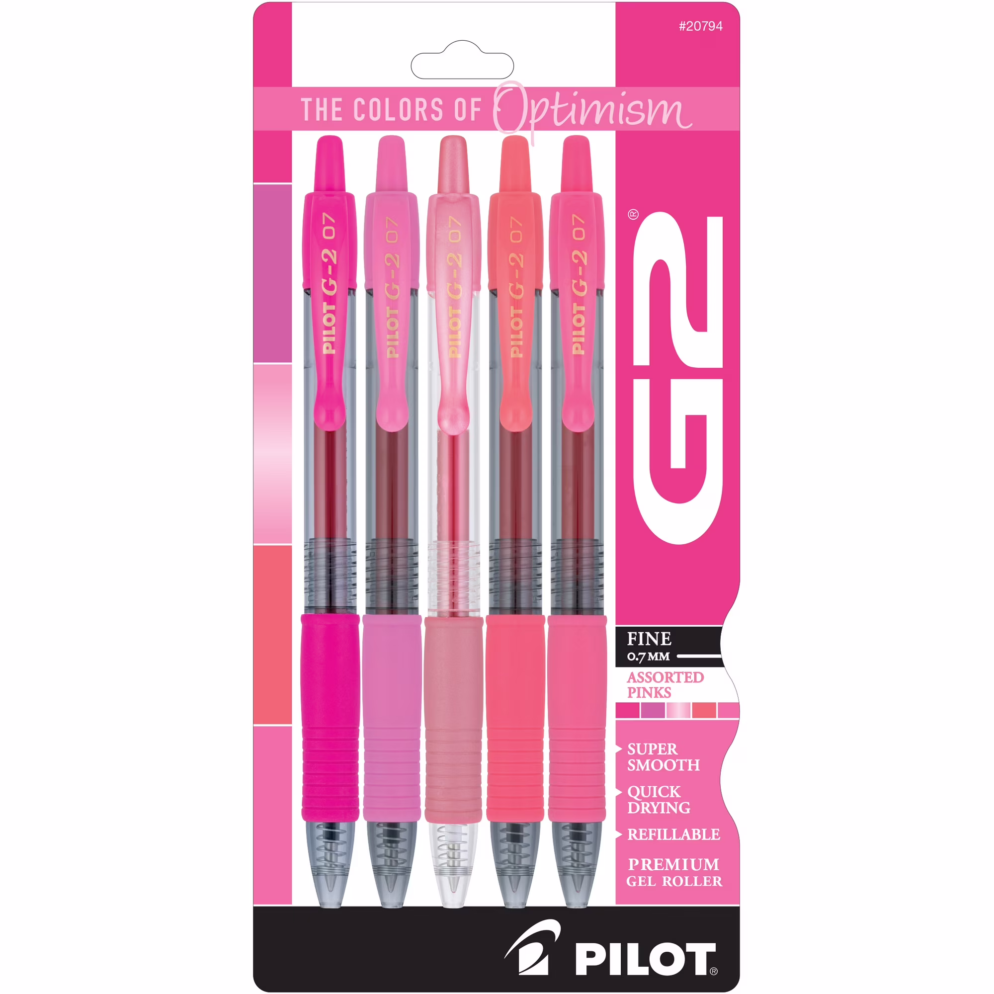 Pilot G2 Pink Premium Retractable Gel Pens, Fine Point (0.7 mm), Assorted Pinks, 5-Count