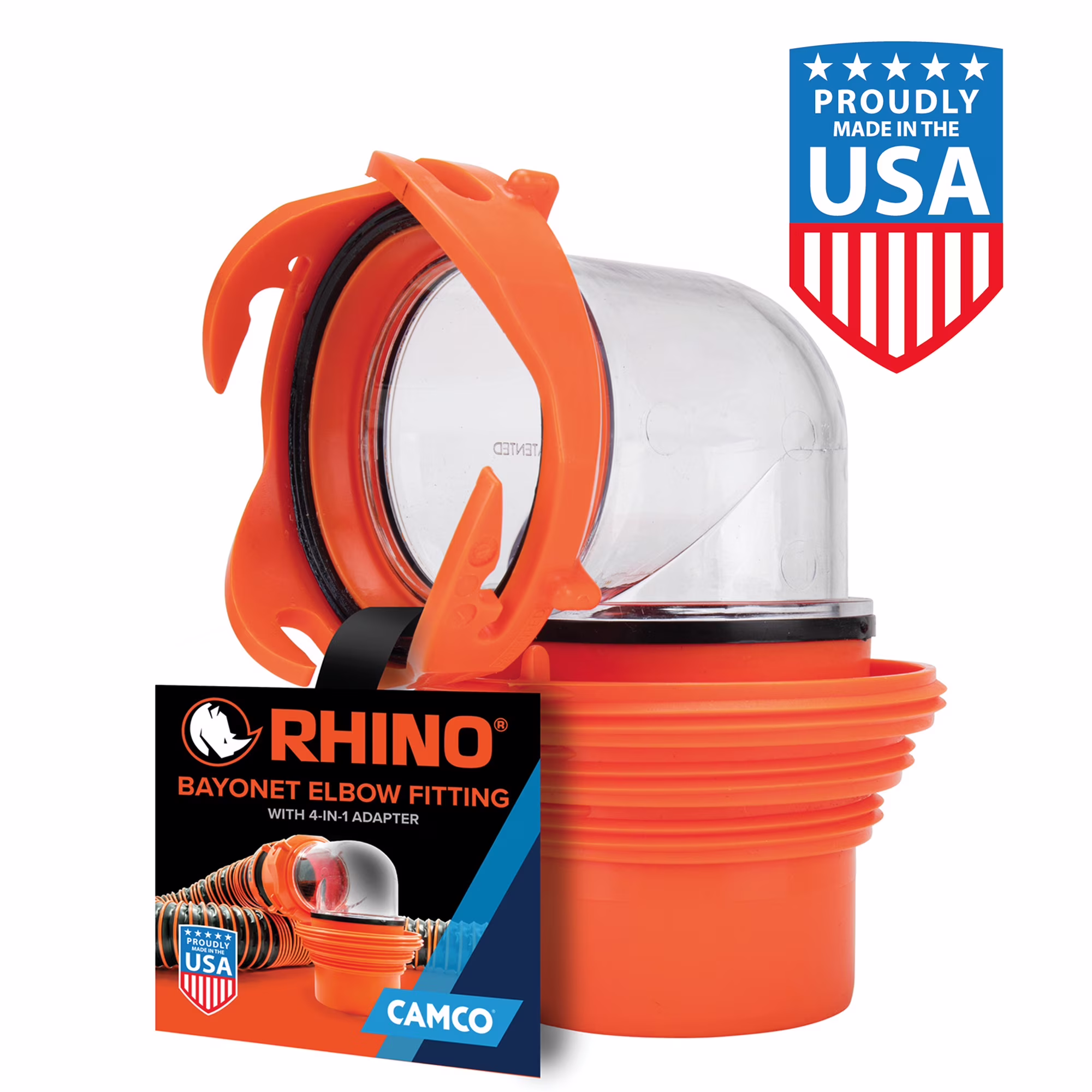Camco Rhino Clear RV Sewer Hose Elbow with 4-in-1 Adapter, Orange (39736)