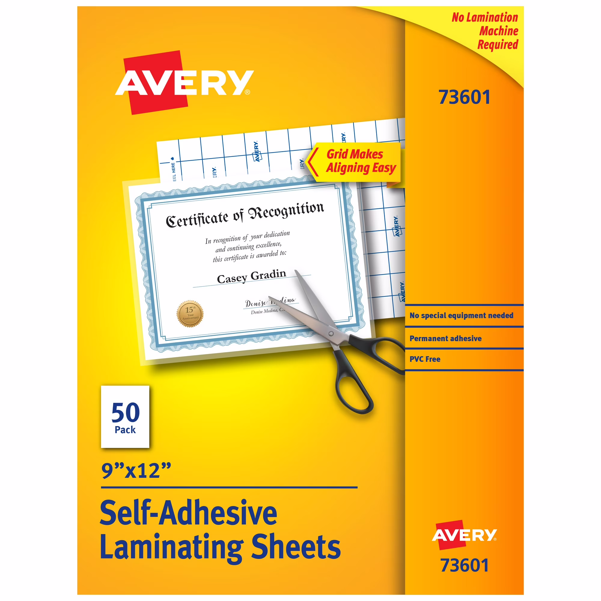 Avery 73601Self-Adhesive Clear Laminating Sheets, 9" x 12", Permanent, 50-Pack