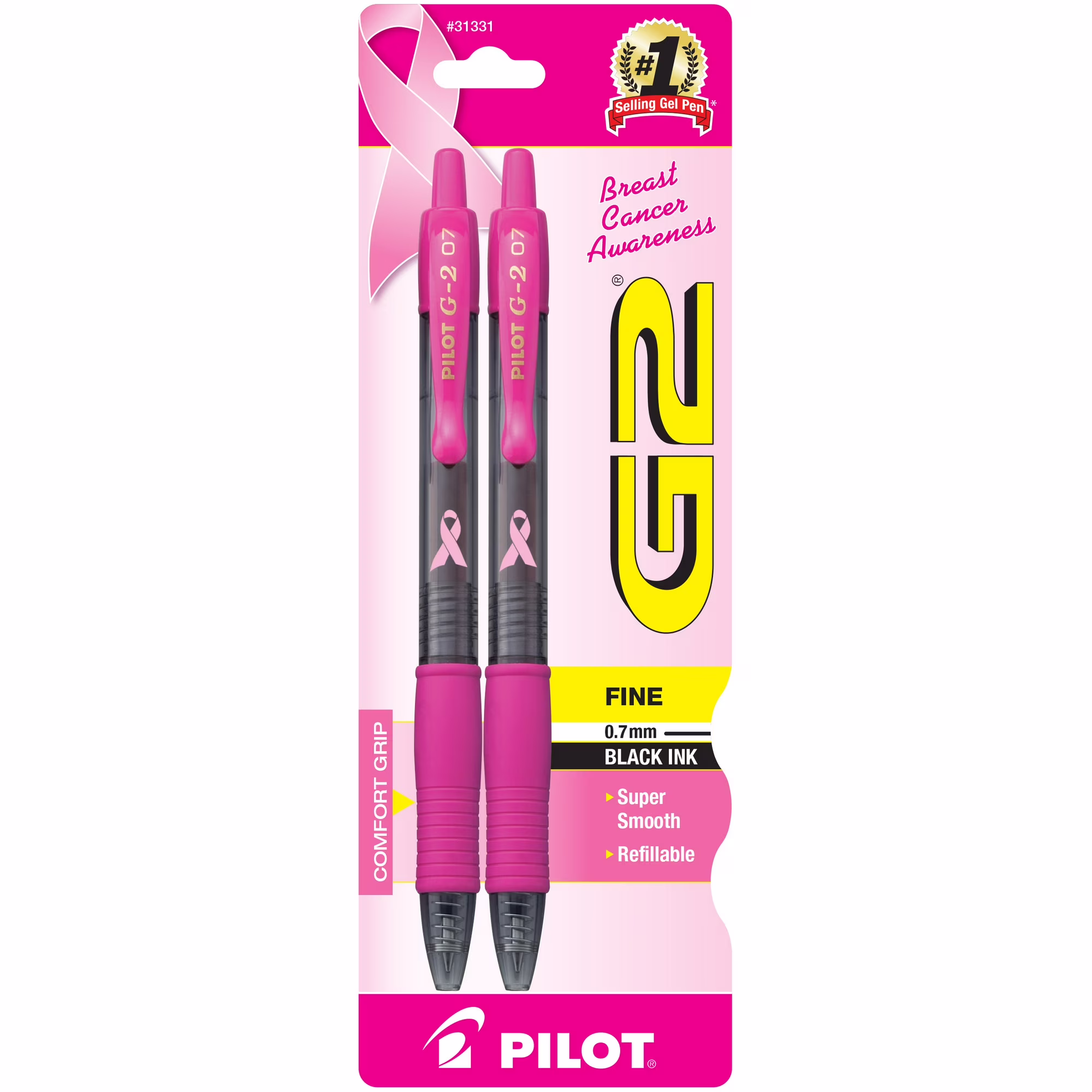 Pilot G2 BCA Retractable Gel Pens, Fine Point (0.7mm), Black Ink, 2-Pack