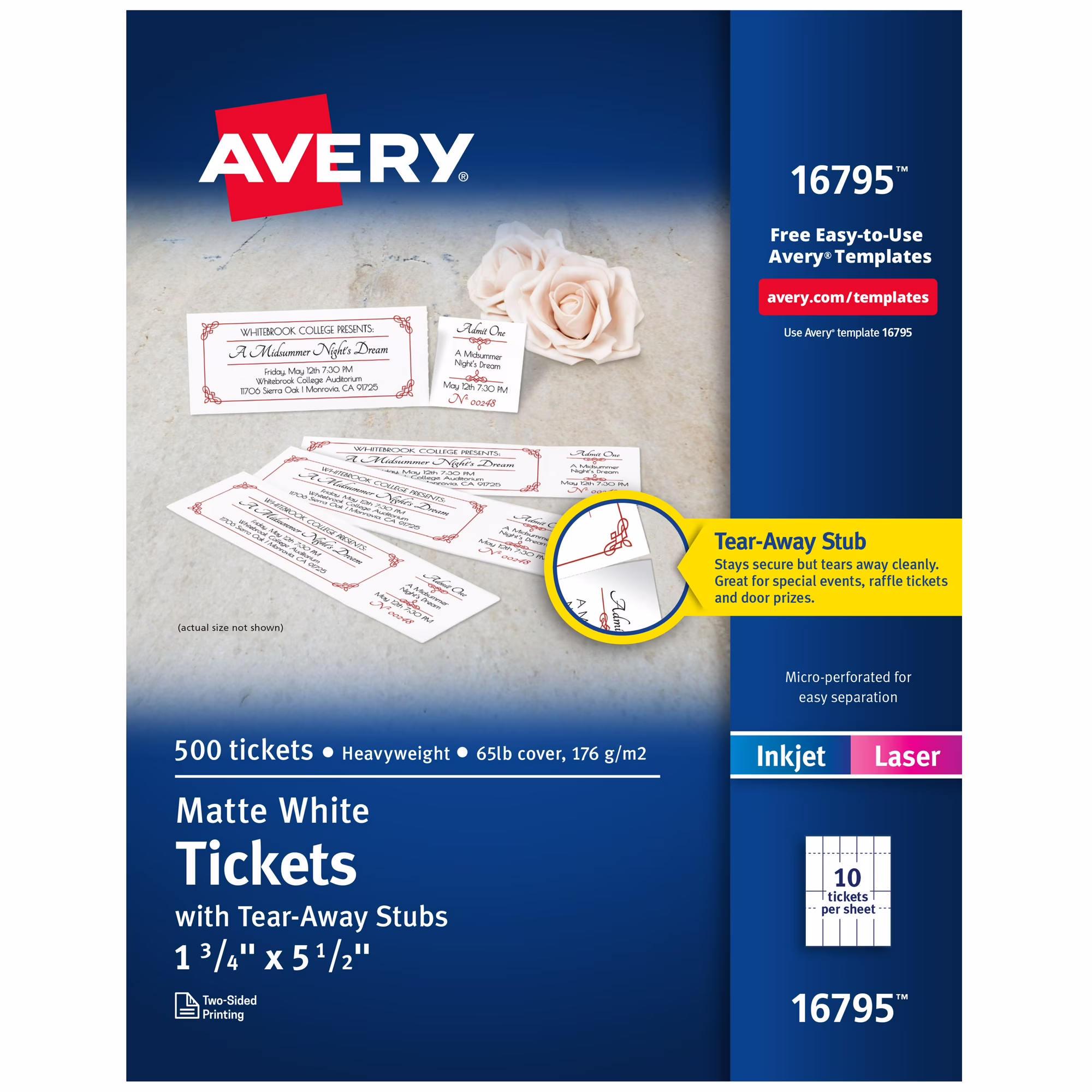 Avery 16795 Printable Tickets with Tear-Away Stubs, 1.75" x 5.5", 500 Total Tickets