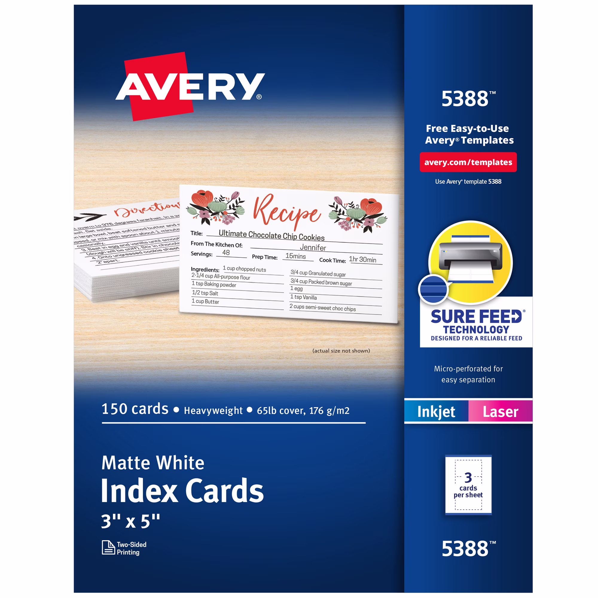 Avery 5388 Printable Index Cards, 3" x 5", Laser & Inkjet, 150 Cards