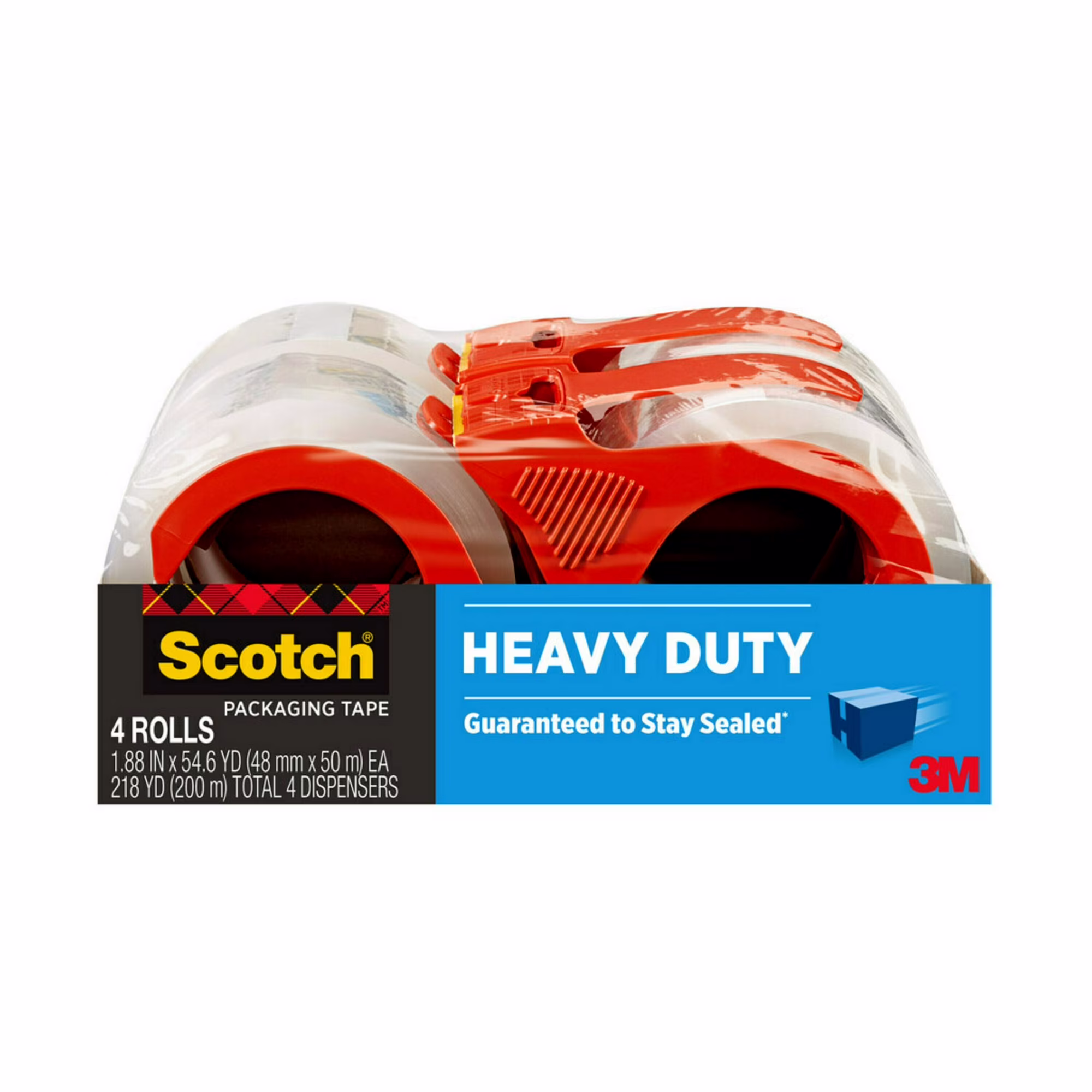 Scotch Heavy Duty Packaging Tape with Dispenser, 1.88" x 54.6 Yards, Clear, 4/Pack