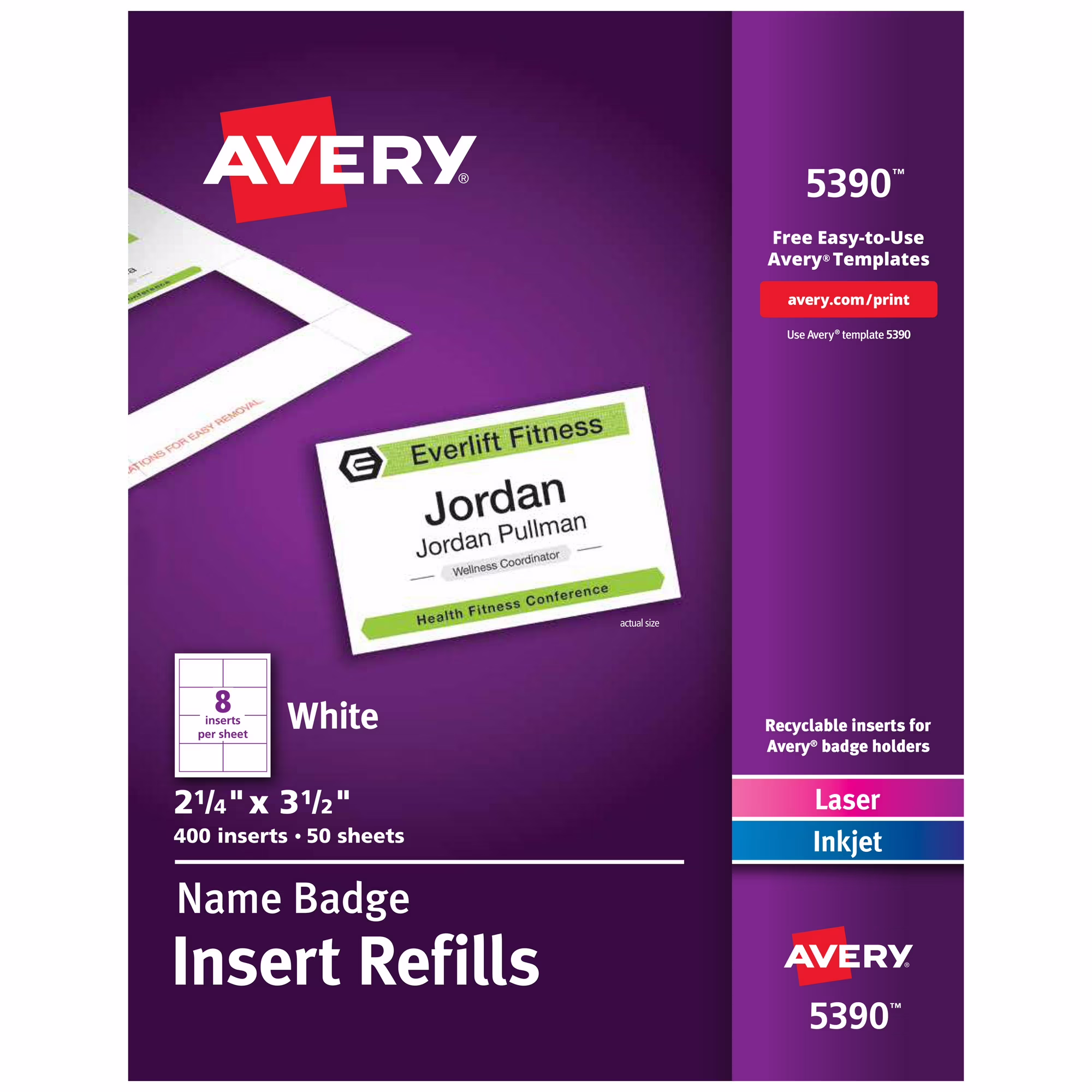 Avery 5390 Printable Name Badge Inserts, 2.25" x 3.5", White, 400 Inserts
