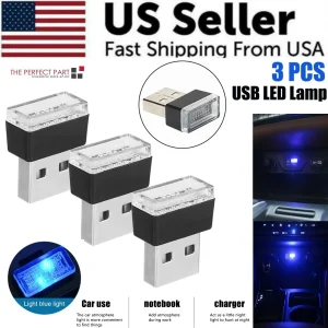 3x Mini Blue LED USB Car Interior Light (Atmosphere Ambient Lamp)
